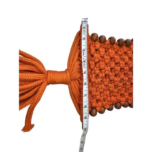 Vintage 1970s Orange Macramé Owl Wall Hanging Retro Wood Beads Boho Fall Autumn - Picture 7 of 13